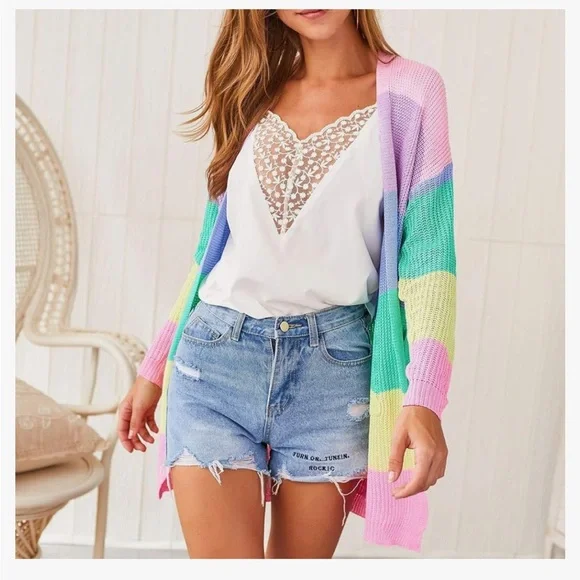 ECOWISH Rainbow 🌈 Block Striped Draped Open Front Cardigan L NWT - Picture 4 of 16